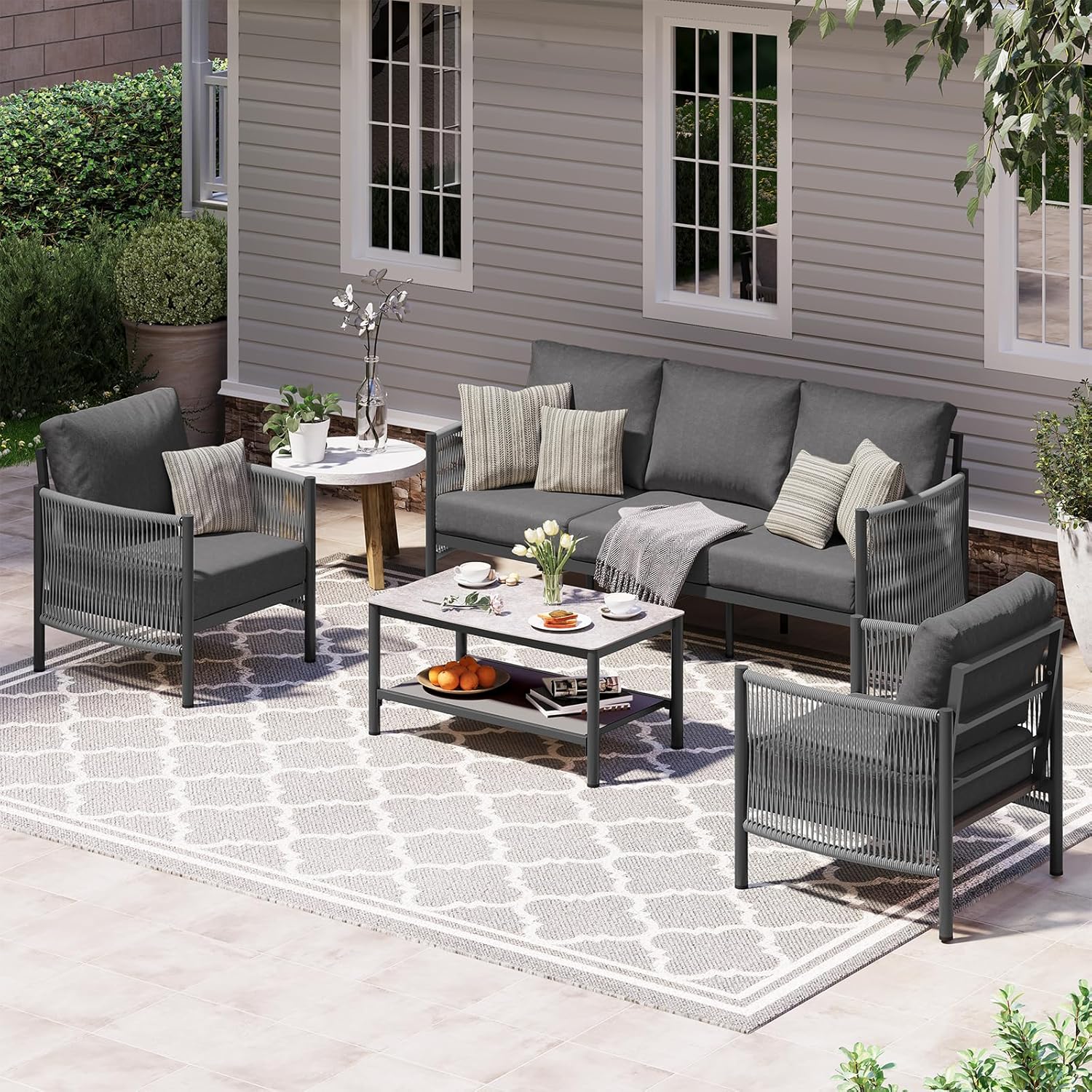 Zovika 5-Seater Rope Weaved Sofa Set - Dark Gray Ropes