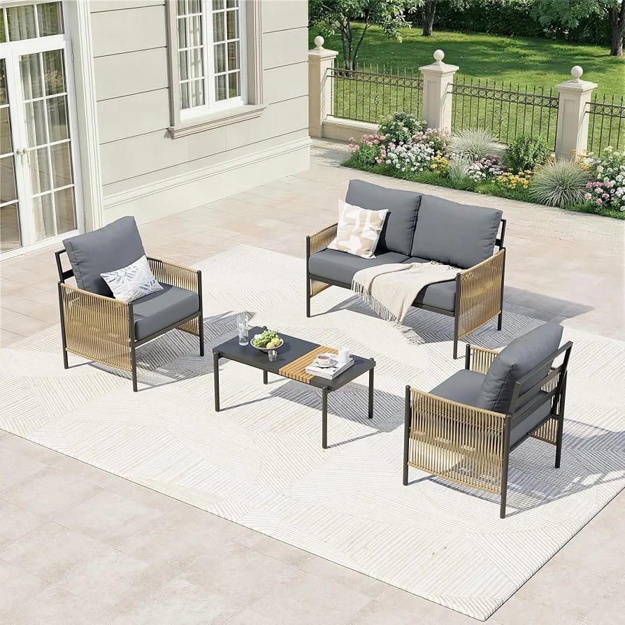 Zovika 4-Seater Rope Weaved Sofa Set - Black Cushioning - Image 4