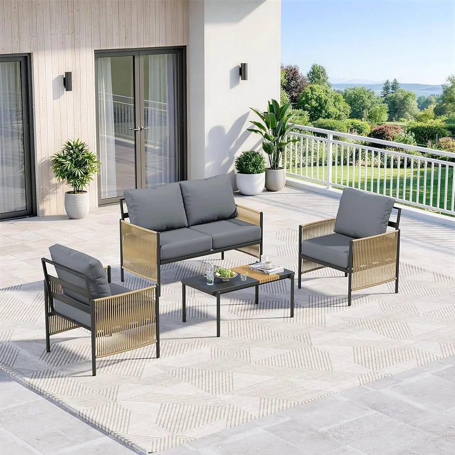 Zovika 4-Seater Rope Weaved Sofa Set - Black Cushioning - Image 2